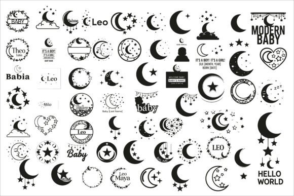Adorable Moon and Stars Baby Name Sign: Graphics & Illustrations