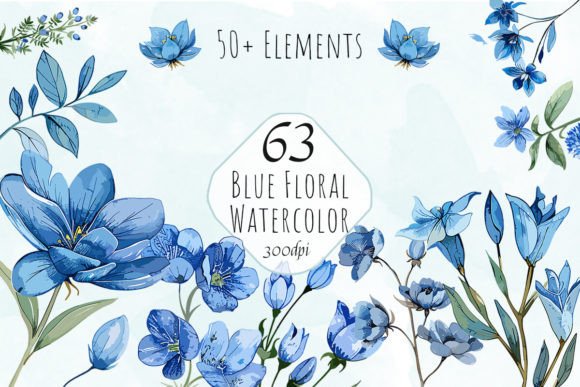 Blue Flowers Watercolor Clipart Bundle: Graphics & Illustrations