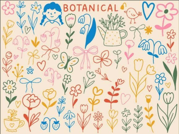 Botanical Flower Doodle Clipart SVG PNG Graphics