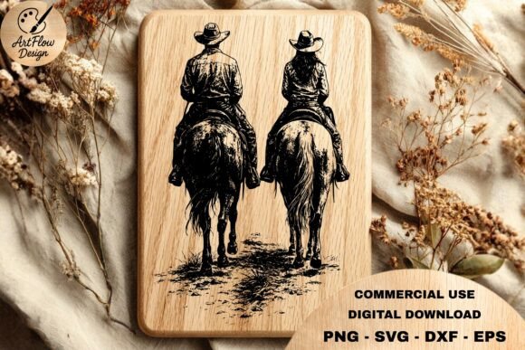 Cowboy Couple Horse Riding SVG: Graphics & Illustrations