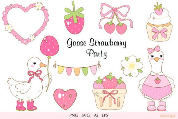 Cute Coquette Goose Strawberry Party 3 Graphics & Illustrations