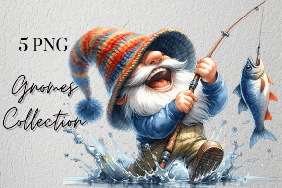 Fishing Gnomes Whimsical Fisherman Graphics & Illustrations