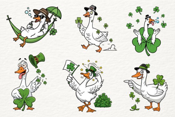 Funny St Patrick’s Day Goose Clipart Set: Graphics & Illustrations