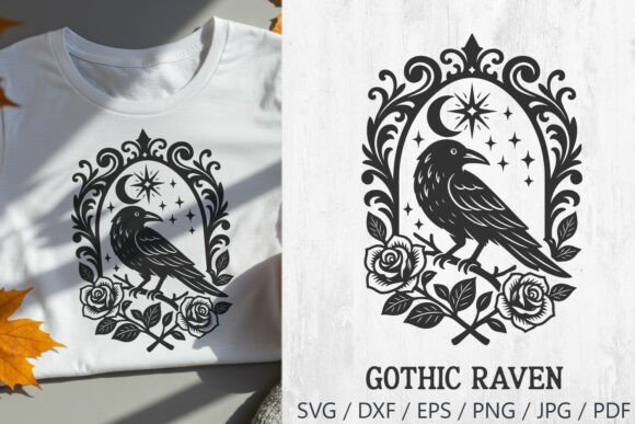 Gothic Raven with Roses and Moon SVG PNG Graphics