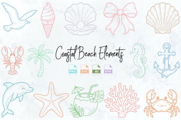 Hand Drawn Coastal Summer Clipart PNG: Graphics & Illustrations