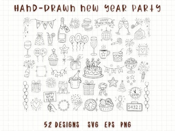 Hand-Drawn New Year Party Clipart Bundle: Graphics & Illustrations