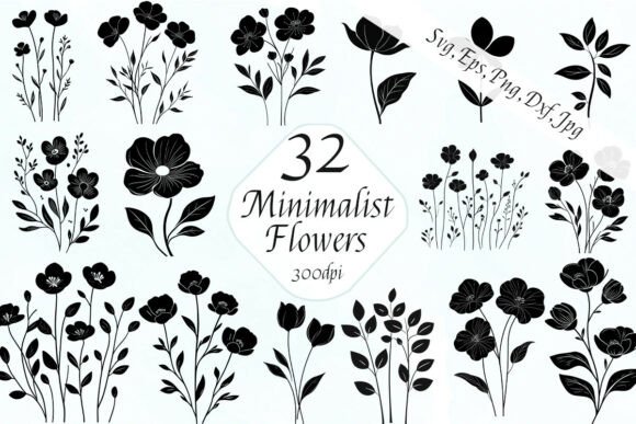 Minimalist Vector Flower Blooms Clipart: Graphics & Illustrations