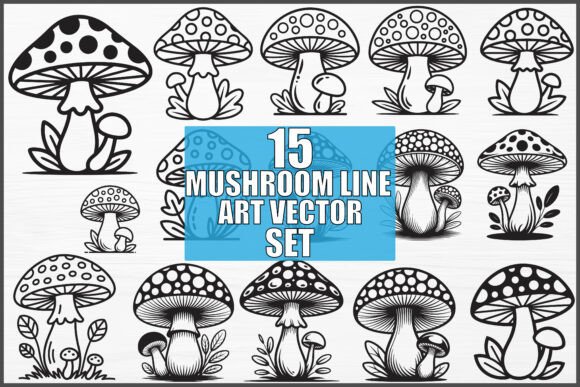 Mushroom Line Art Vector Set: Graphics & Illustrations for Editorial Publishing