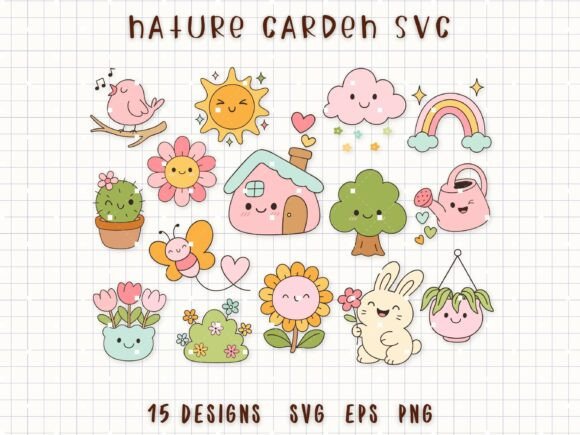 Nature Garden SVG Kawaii Spring Clipart: Graphics & Illustrations for Joyful Branding