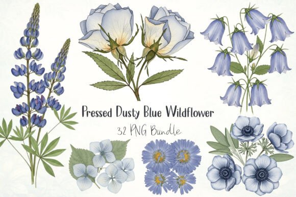 Pressed Dusty Blue Wildflower Clipart: Graphics & Illustrations for Handmade Brands