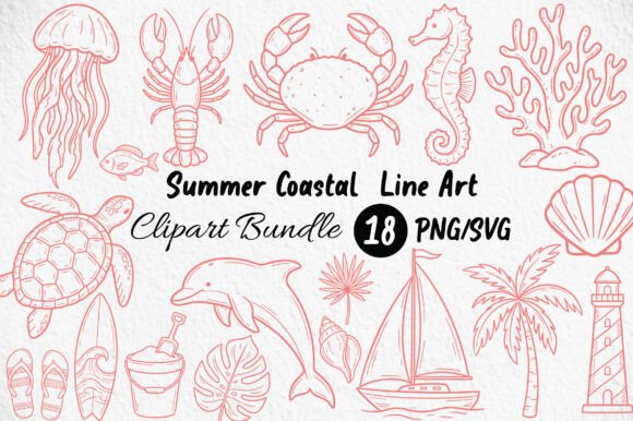 Summer Coastal Line Art Clipart: Graphics & Illustrations