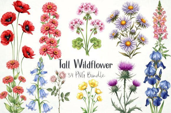 Tall Watercolor Wildflower Clipart: Graphics & Illustrations for Editorial Impact
