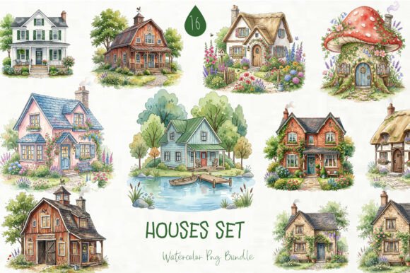 Watercolor Houses Clipart Set: Graphics & Illustrations for Editorial Warmth