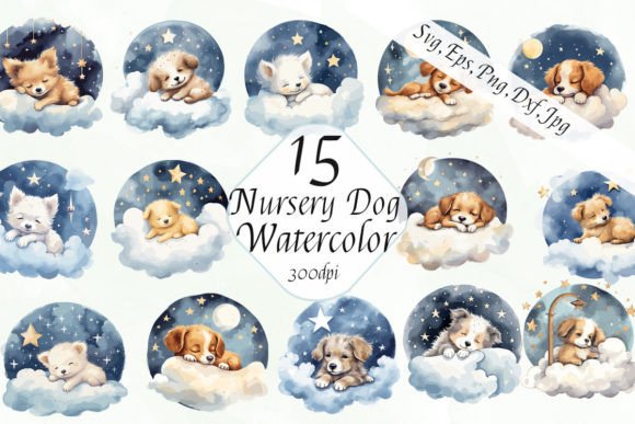 Watercolor Sleeping Dogs Nursery Clipart: Graphics & Illustrations