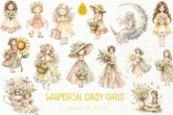Whimsical Daisy Girls Clipart: Graphics & Illustrations for Playful Branding