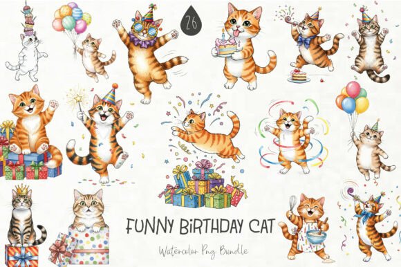 Whimsical Funny Birthday Cat Clipart: Graphics & Illustrations for Handmade Joy