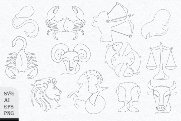 Zodiac Signs with Continuous Line Set: Graphics & Illustrations